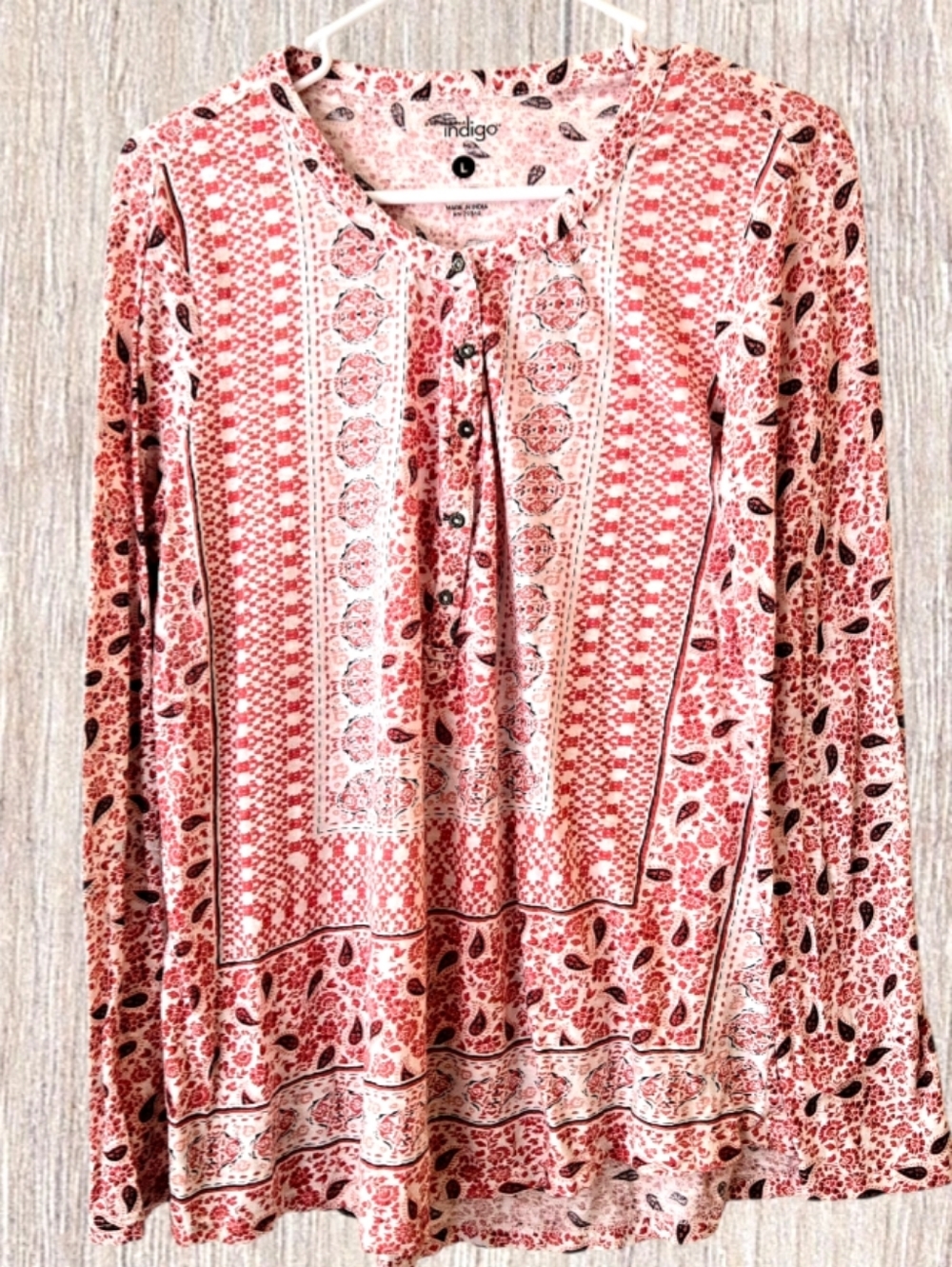 Indigo Long Sleeve T-shirt Quarter Button Down Coral Pink Bohemian Paisley Sz L